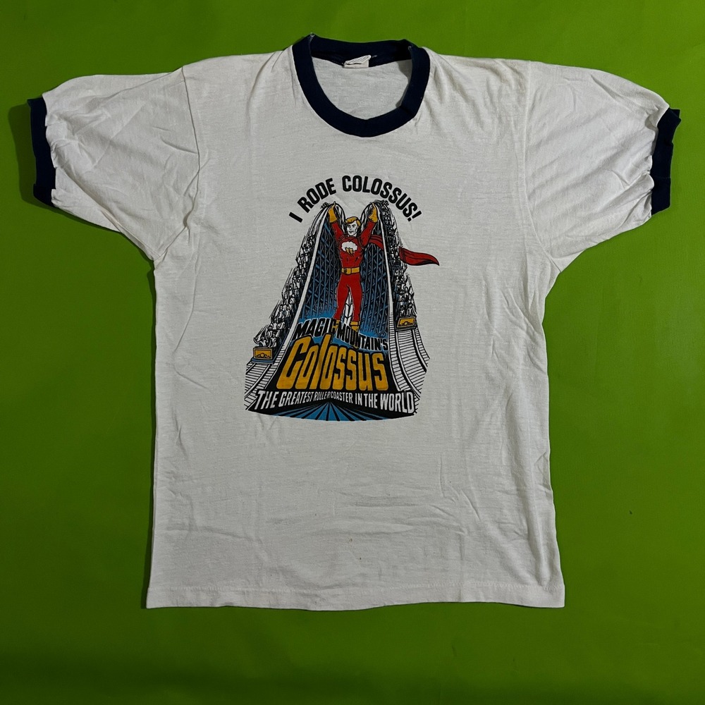 Vintage 70s 80s Magic Mountain Colossus Ringer T-Shirt White Navy Small‎ USA